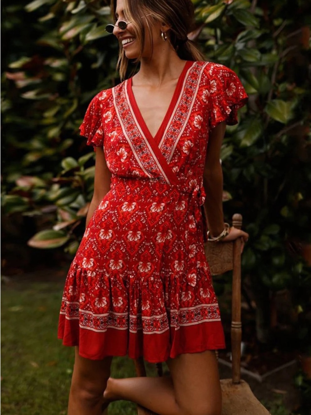R.Vivimos Red Boho Floral Wrap Mini Dress Short Sleeve S